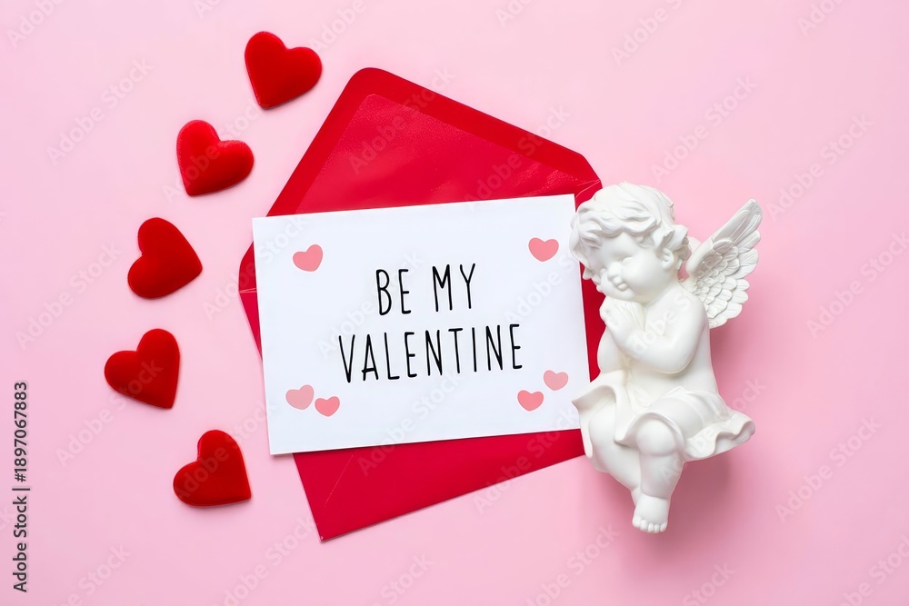 Fototapeta premium Red envelope, white writing paper, hearts, Cupid on pink background Happy Valentine's day concept.