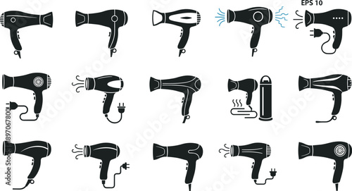 Hair Dryer Silhouette Vector Set – Salon Blow Dryer Icons Collection (EPS 10)