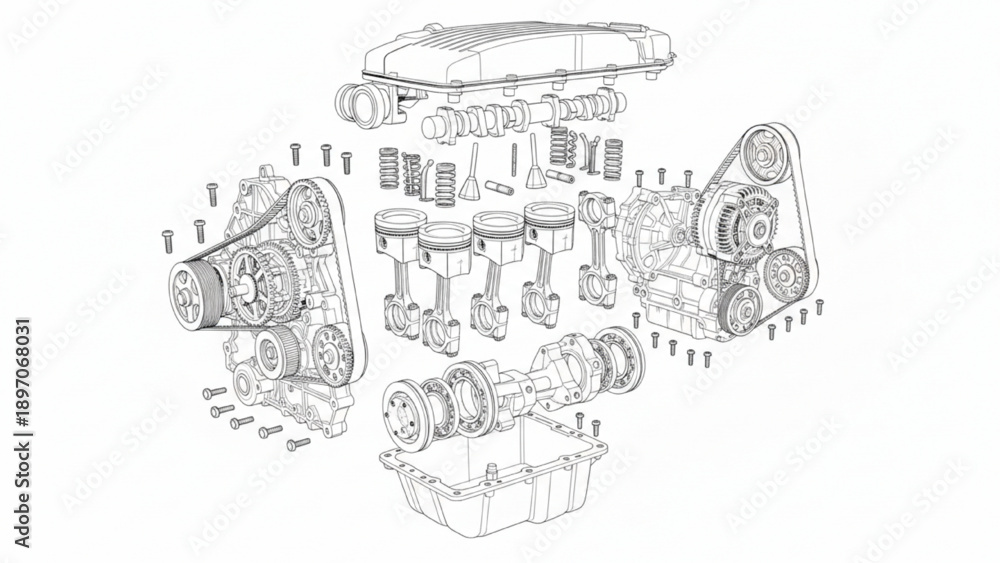 Obraz premium Exploded View Engine Assembly Engineering Technical Drawing