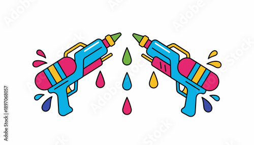 Two water guns facing each other with colorful water splashes in a playful summer scene