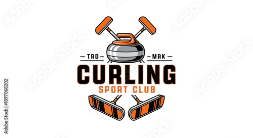 Curling Sport Club logo illustration featuring crossed curling stones and brooms on a white background viewed from directly above