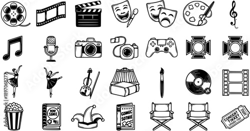 Entertainment and Arts Black and White Line Art Icon Set. Creative Hobbies, Film, Music, Theater, Gaming, Dance, and Culture Symbols Collection
