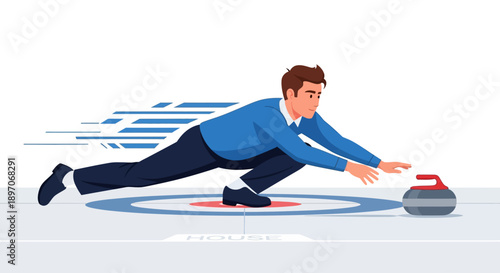 Man sliding on ice to deliver curling stone during winter sports competition at indoor ice rink