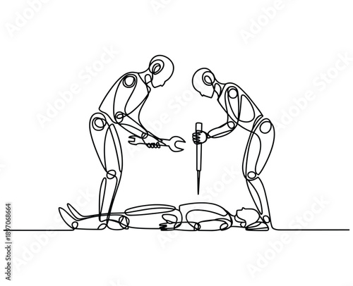 Line art two robots performing surgery on a third robot with a wrench medical repair.