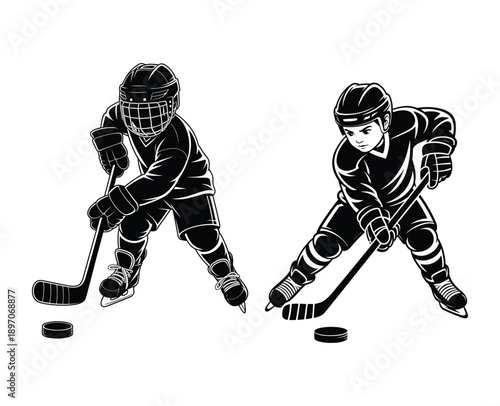 Two hockey players with pucks and sticks sport game.