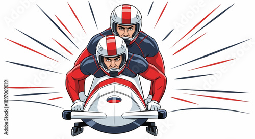 Two athletes competing in a high-speed bobsled race on a sleek sled with intense motion lines surrounding them