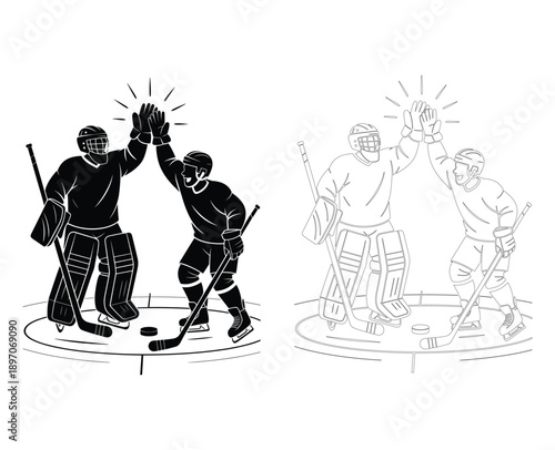 Two hockey players in full gear giving each enjoy happy sport team.