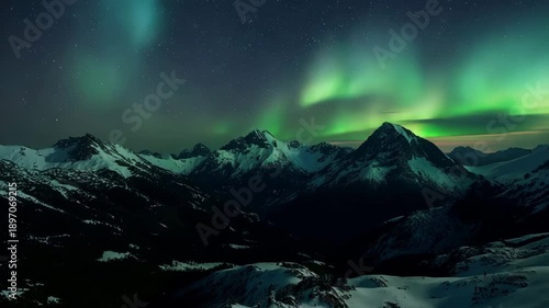 Northern Lights illuminating snow-capped mountains at night  