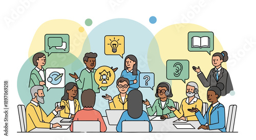 Celebrating International Mother Language Day with diverse group discussion on language education and cultural diversity in a modern corporate setting vector illustration