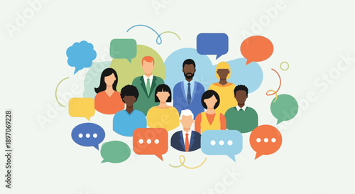 International Mother Language Day concept with diverse people in dialogue, promoting cultural diversity, literacy, global awareness and multilingual education in a minimal flat vector illustration