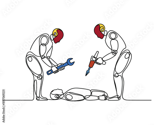 Two robots performing surgery on a third robot with a wrench and drill medical repair.