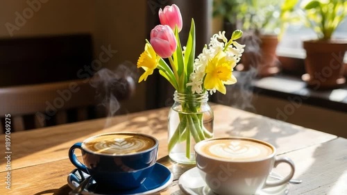 Two coffee cups with blooming flowers on a wooden table in cafe  