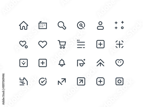 Twenty-four minimalist dark gray line icons, a clean set of modern UI symbols with thin strokes for web and app design.