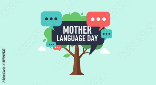 Celebrating International Mother Language Day with multilingual speech bubbles around a tree symbolizing cultural diversity and global communication