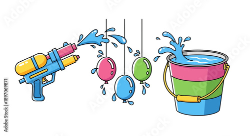 Colorful water gun splashing water balloons into a bucket, playful summer scene illustration