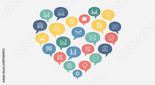 Celebrating International Mother Language Day with Multilingual Speech Bubbles in a Heart Shape for Cultural Diversity and Inclusion