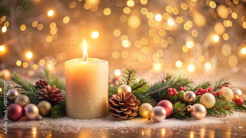Candle surrounded by pine cones and ornaments with Christmas lights  