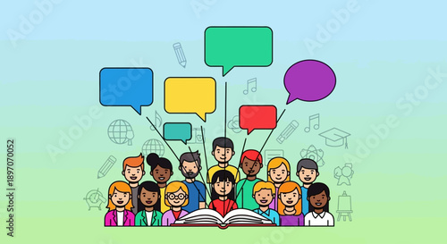International Mother Language Day concept with diverse people, speech bubbles, and open book, promoting literacy, education, and cultural diversity in a clean, modern flat vector illustration