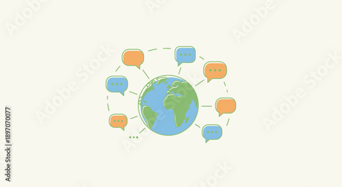 International Mother Language Day global communication awareness illustration with speech bubbles around the Earth