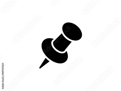 Angled black pushpin icon with a round head, cylindrical body, and sharp conical tip, minimalist graphic.