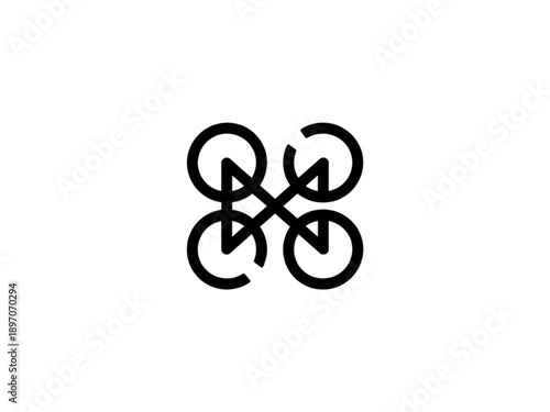 Stylized black geometric drone icon with four interconnected propeller circles and central X-pattern.