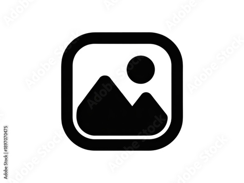 Black square rounded corner image gallery icon, featuring stylized mountains and a sun.