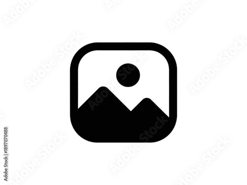 Minimalist black square icon with rounded corners, featuring abstract mountains and a sun, symbolizing an image gallery.