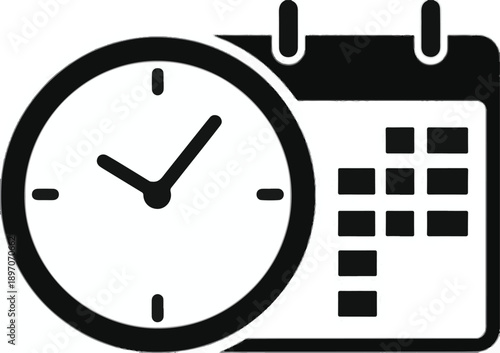 Black and White Icon of a Clock and Calendar Representing Time and Scheduling schedule planning