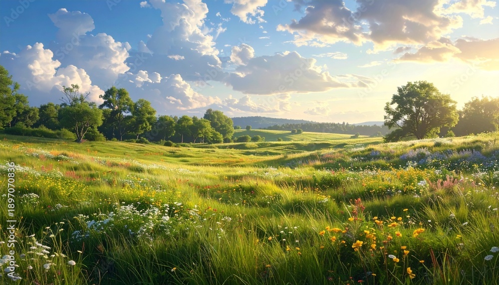Obraz premium Serene Meadow Landscape with Wildflowers at Sunset