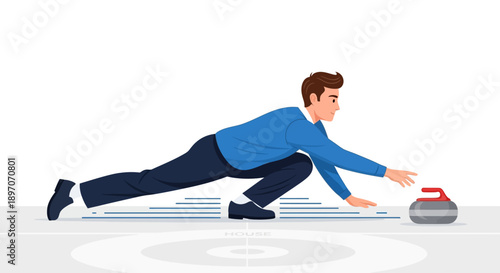 Man delivering a curling stone on the ice with focus and precision in a competitive curling match