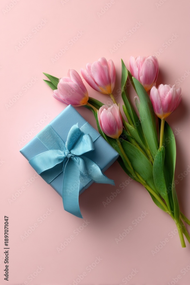 Fototapeta premium Blue gift box with pink tulips on soft pink background