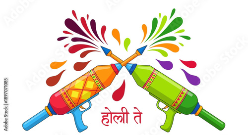 Celebrating Holi with colorful water guns and vibrant paint splatters in a joyful Indian festival scene