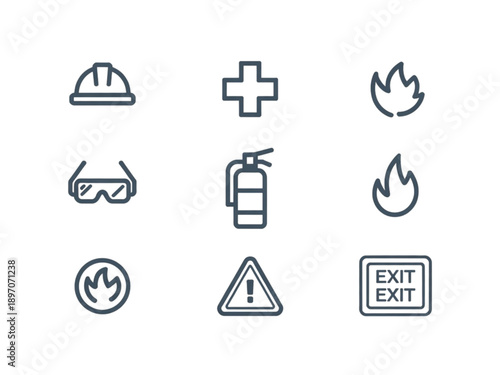 Nine minimalist dark grey outline safety, fire, and warning icons set, featuring hard hat, extinguisher, first aid, and exit sign.