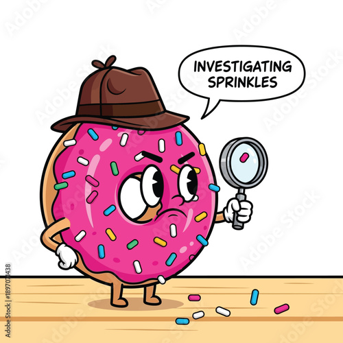 Detective donut character with hat and magnifying glass investigating scattered sprinkles, saying 'Investigating Sprinkles'.