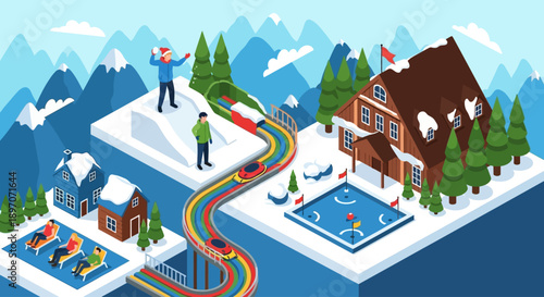 Winter sports enthusiasts enjoying various activities in a serene mountain landscape with a house and winding track