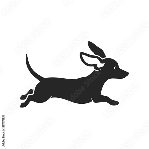 A black silhouette of a dachshund dog running with its ears flapping in the wind.