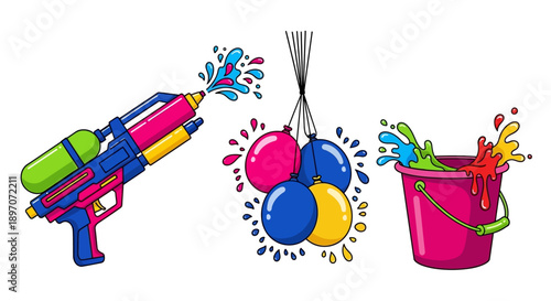 Vibrant water guns, colorful balloons, and a bucket filled with splashing water create a fun scene for a playful summer day