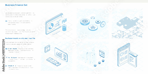 Isometric business finance set displaying money charts and technology concepts