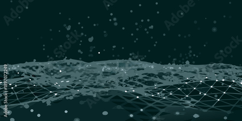 Abstract dark landscape with a glowing polygonal network overlaying hills