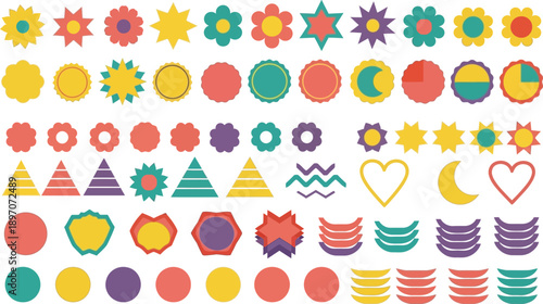 Assortment of colorful geometric shapes, badges, and icons are arranged in neat rows for crafting or design projects on a white.