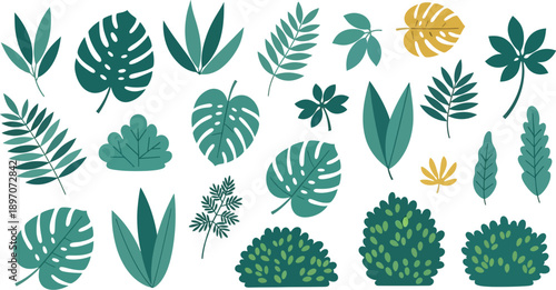 Assorted tropical and jungle plant leaves including monstera and various bushes are presented in shades of green and gold.