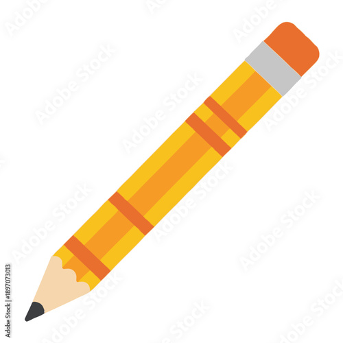 A bright yellow pencil with an orange eraser and graphite tip is shown against a white background.