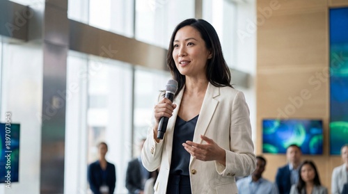 Confident female speaker in modern conference space holding microphone and engaging attentive audience with warm expression and professional attire