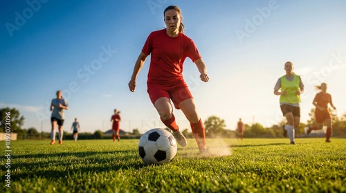 Female soccer player in red dribbling ball across sunlit grass field with teammates and opponents in background during energetic outdoor match