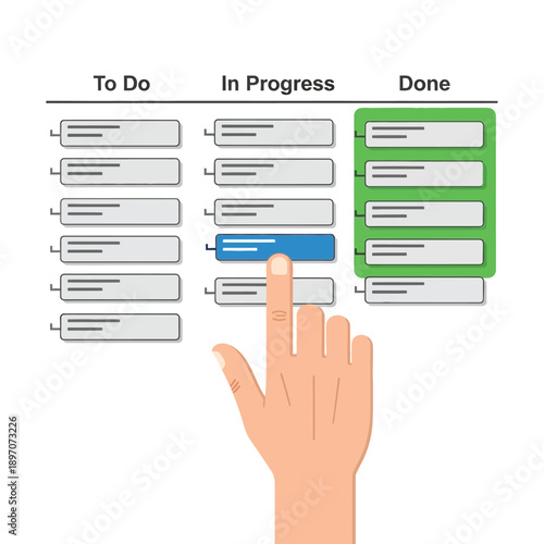 Kanban board illustration showing 'To Do', 'In Progress', and 'Done' columns with a hand moving a task card.