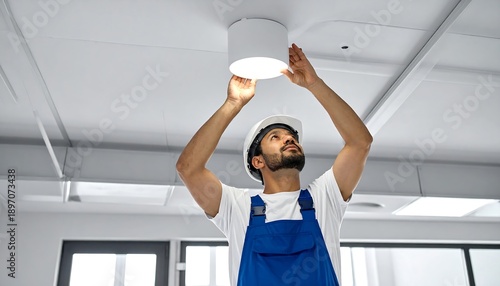 Male worker installing ceiling light fixture inside bright modern room