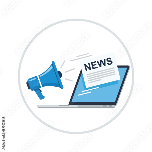Digital announcement concept: a blue megaphone broadcasting news from a modern laptop screen, signifying online information and communication.