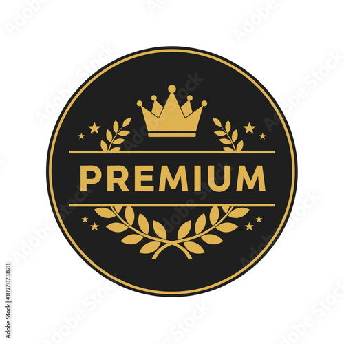 Premium quality badge or emblem featuring a golden crown, laurel wreath, and stars on a black circle, symbolizing excellence and high value.