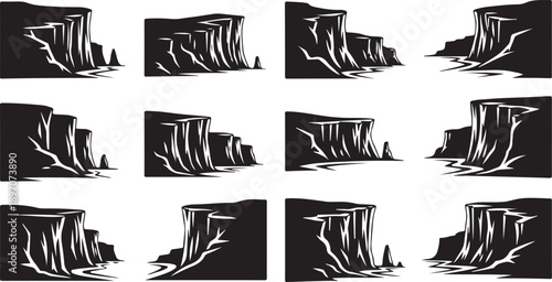 Black and white cliff landscape illustrations in various stages