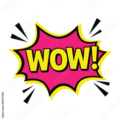 Vibrant comic book style speech bubble with the word 'WOW!' in bright yellow letters, expressing extreme surprise and excitement.
